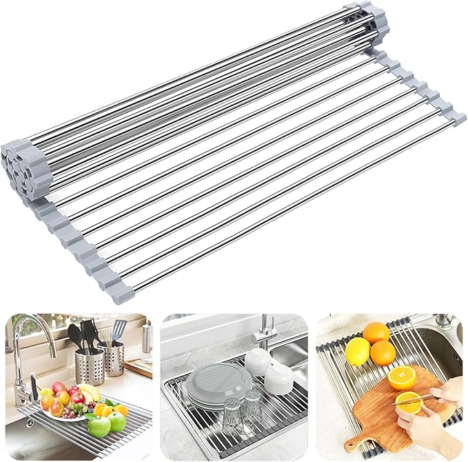 Searik Over The Sink Dish Drying Rack, Roll up Sink Dish Drainer Rack Foldable Kitchen Stainless Steel Dish Rack Sink Drying Rack (17.7"x 11.8")