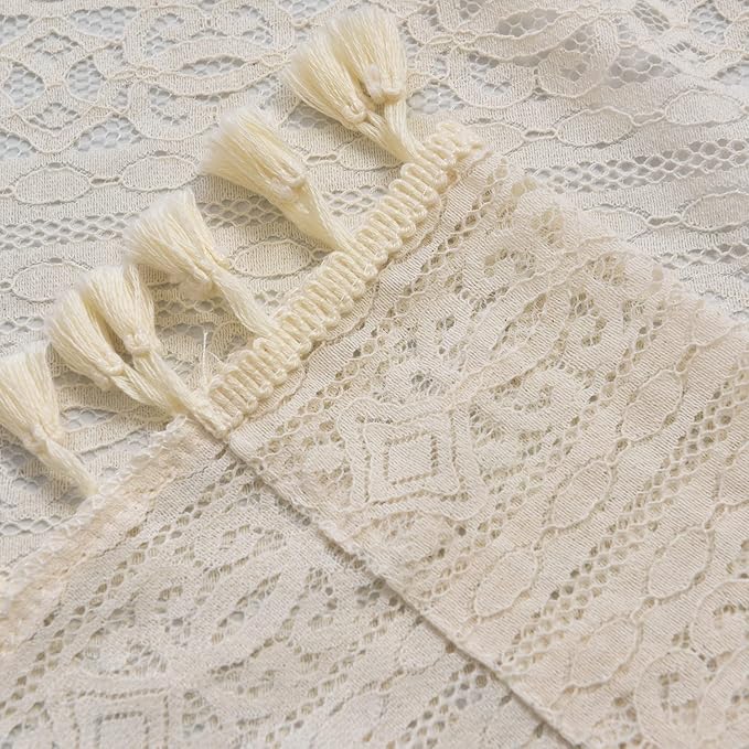 Sutuo Home Boho Sheer Curtain Valance Crochet Lace with Bohemian Hollow Knitted Handmade Tassels, Short Rustic Window Treatment for Kitchen Cafe, Rod Pocket, 1 Panel 59" W x 18" L, Beige