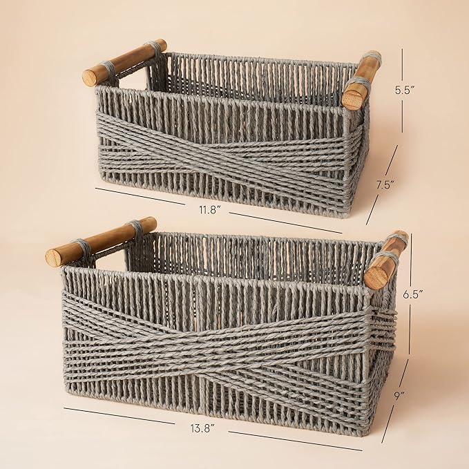 LA JOLIE MUSE Wicker Storage Baskets for Organizing, Recyclable Paper Rope Basket with Wood Handles, Decorative Hand Woven Basket Organizers for Makeup Books Shelves Living Room, Grey, Set of 2
