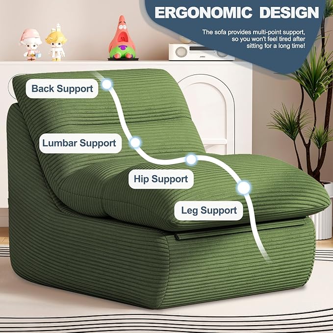 Misolant Bean Bag Chairs，Big Corduroy Fabric Sofa Bean Bag Chair for Adults and Teens with High-Resilience Sponge, Non-Slip Base Floor Lounge Sofa for Home, Living Room, Bedroom, Gaming Green