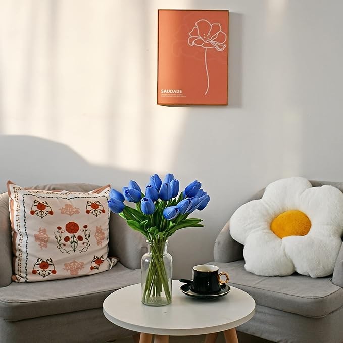 Mandy's Artificial Tulips 20 Stems Light Blue PU Faux Flowers for Wedding Home Decor 13.5 Inch