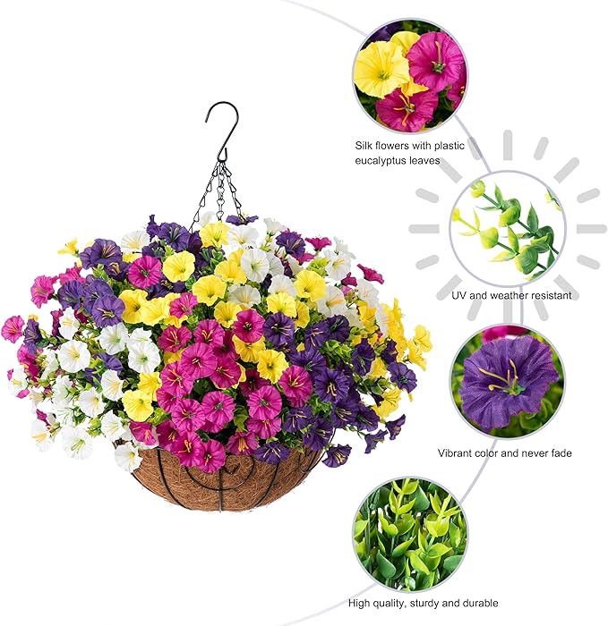 Artificial Faux Hanging Plants Flowers Basket for Spring Summer Outdoors Decoration, Fake Silk Colorful Morning Glory with Eucalyptus Look Real UV Resistant for Outside Porch Patio Balcony Garden Home