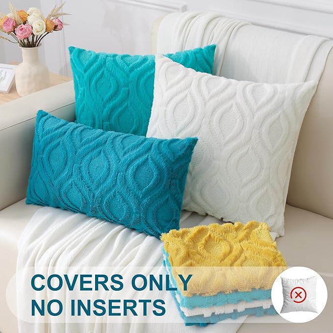 decorUhome Fall Throw Pillow Covers 12x20 Inch Set of 2, Soft Plush Decorative Faux Fur Teal Solid Couch Pillow Covers, Accent Farmhouse Neutral Lumbar Euro Pillow Cases for Sofa Bed Living Room