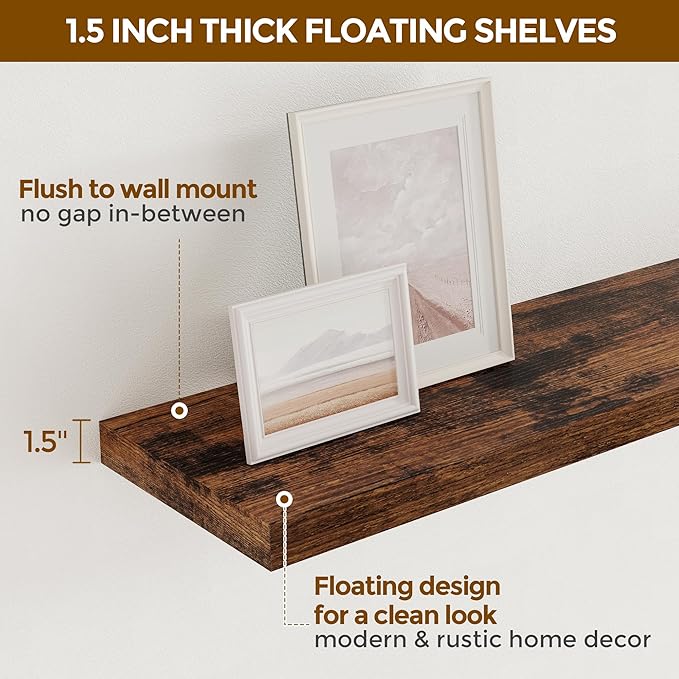 Floating Shelves 48 Inch Long, 48"W x 9"D Wall Shelf Invisible Bracket, 9 Inch Deep Floating Shelf for Wall, Rustic Wooden Shelves for Living Room, Kitchem, Bedroom, Rustic Brown Color, Set of 1