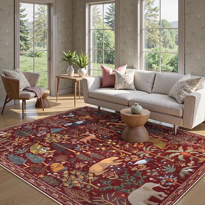 OJIA Animal Washable Rugs 8x10, Soft 8x10 Area Rugs for Living Room, Non Slip Bedroom Rug Under Bed Ultra-Thin Nursery Rug Large Carpet for Dining Room Office Playroom, Red