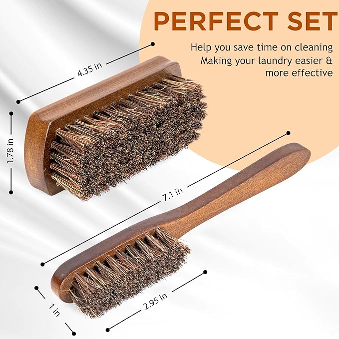Horsehair Laundry Stain Brushes Set 2pcs by TAKAVU, Natural Soft Bristle for Scrubbing Out Tough Stains on Delicate Fabrics Knits Cotton Leather Washable Fabrics