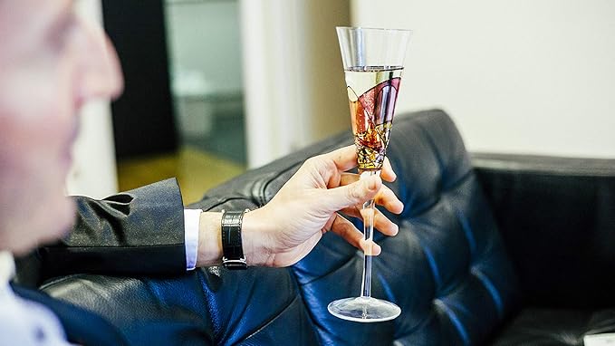 Victoria Barcelona Champagne Flute - 7.5 Oz Mouth-Blown Hand Painted, Antoni Gaudi & Murano Inspired Artistic Unique Gift Ideas Anniversary, Birthday, Weddings, Women & Men (2, Sagrada Red)