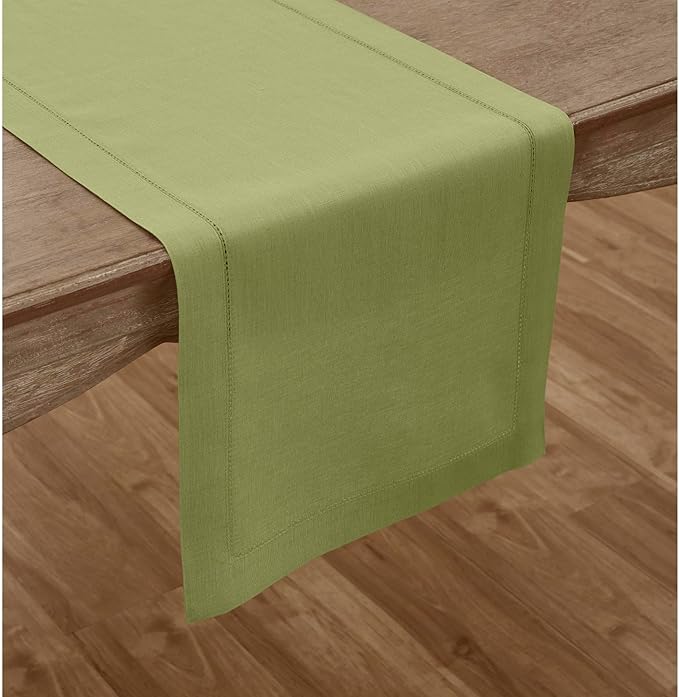 Solino Home Linen Moss Green Table Runner 144 Inches Long - 100% Pure Linen Extra Long Table Runner 14 x 144 Inch for Fall, Autumn, Thanksgiving - Classic Hemstitch