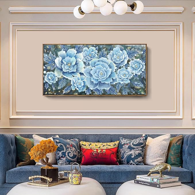 Large Blue Wall Art Decor Modern Framed Wall Picture for Living Room Bedroom Office Decor Floral Canvas Art Prints Botanical Wall Picture Abstract Peony Flower Horizontal Artwork Ready to Hang 48x24