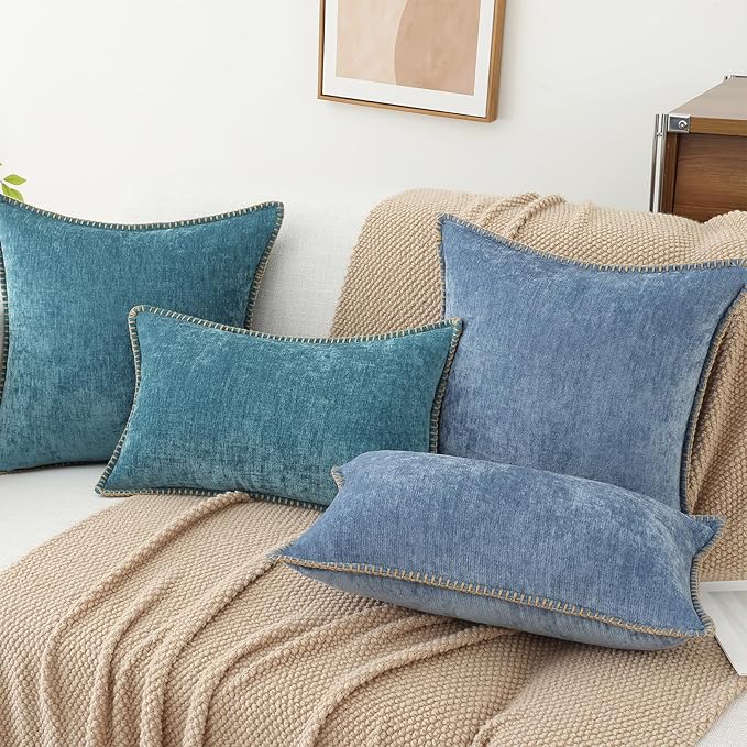 decorUhome Chenille Soft Throw Pillow Covers 20x20 Set of 2, Farmhouse Velvet Neutral Decorative Euro Pillow Covers with Stitched Edge for Couch Sofa Bed Home Decor, Blue