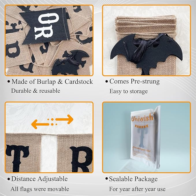 Uniwish Trick or Treat Burlap Banner Halloween Decorations for Mantel Fireplace Glitter Bat Garland Bunting Home Wall Decor Halloween Party Supplies