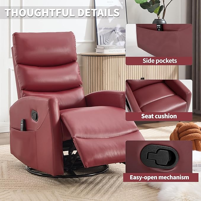 Manual Swivel Rocker Recliner Chair for Adults, Overstuffed Reclining Glider Chair for Nursing with Vibration Massage & Heat, Living Room Rocking Recliner 3-Stage backrest, Faux Leather Red