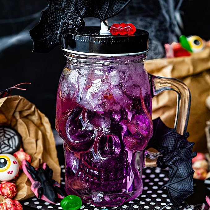 Halloween Cups Set of 4 - Skull Mason Jar with Lids Straws and Handle - Skull Drinking Glasses for Halloween Party Bar Decor (16 oz, Clear)