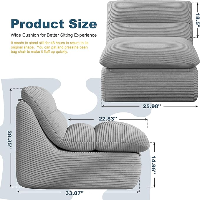 Misolant Bean Bag Chairs，Big Corduroy Fabric Sofa Bean Bag Chair for Adults and Teens with High-Resilience Sponge, Non-Slip Base Floor Lounge Sofa for Home, Living Room, Bedroom, Gaming Dark Gray