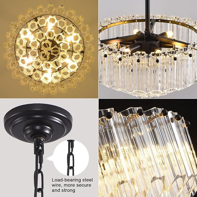 Modern Clear Glass Chandelier, 14" Round Crystal Dining Room Chandelier, Small Black Pendant Light Hanging Fixture for Bedroom, Kitchen Island Light Dimmable Ceiling Lighting Chandeliers for Bathroom