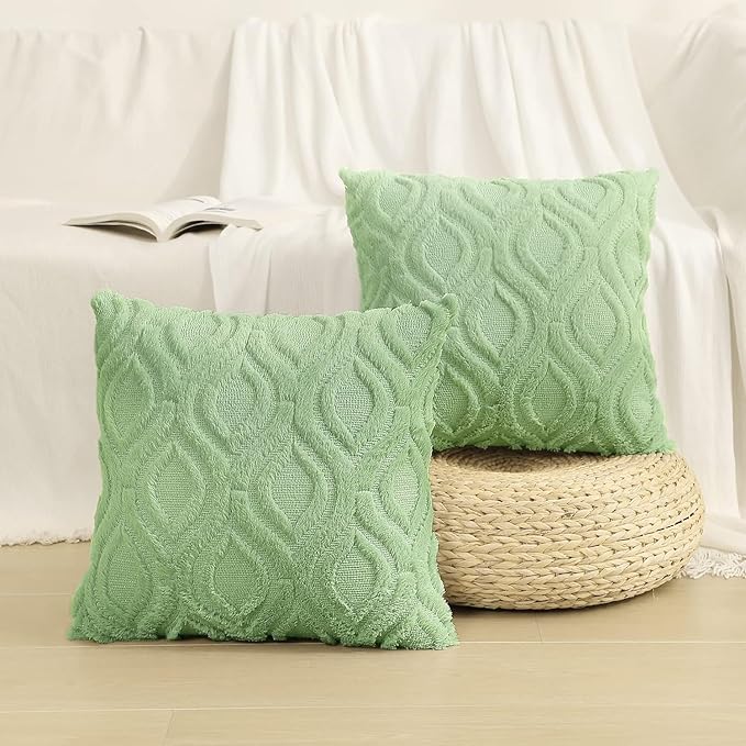 decorUhome Throw Pillow Covers 16x16 Inch Set of 2, Soft Plush Decorative Faux Fur Sage Green Solid Couch Pillow Covers, Accent Farmhouse Neutral Square Euro Pillow Cases for Sofa Bed Living Room