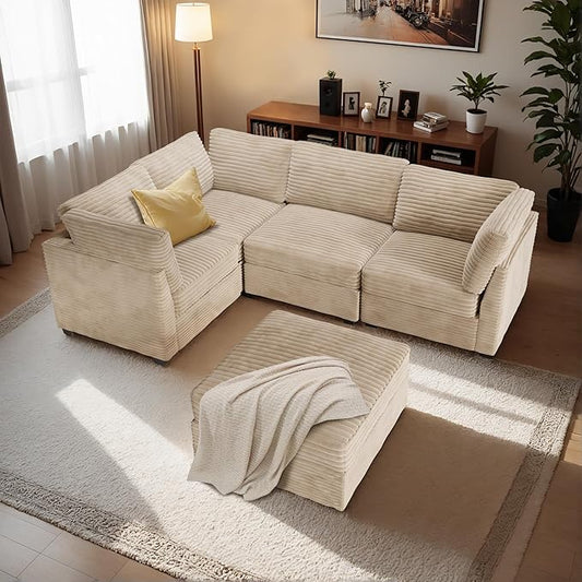 Modular Sectional Sofa with Chaise, U-Shaped 5-Seater Cloud Couch for Living Room, Plush Corduroy Fabric, Includes Movable Ottoman, Beige