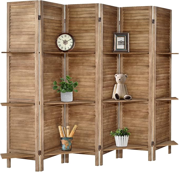 Room Divider with Shelves, Privacy Screen, Room Dividers and Folding Privacy Screens, 6 Panel Wood Temporary Wall Partition Separation Separator, Brown