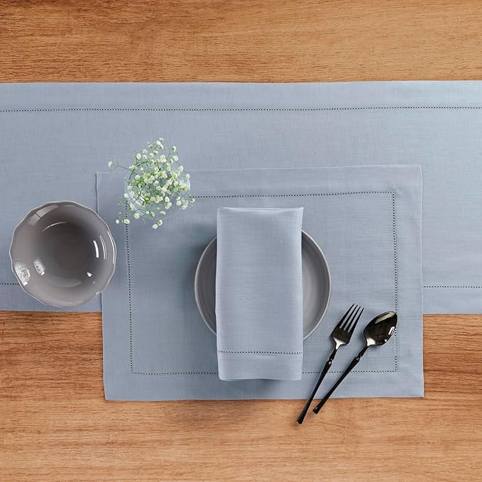 Solino Home Linen Dusty Blue Table Runner 48 Inches - Classic Hemstitch, 100% Pure Linen Coffee Table Runner 14 x 48 Inch Ideal for Dresser Tables - Fall, Autumn, Halloween, Thanksgiving