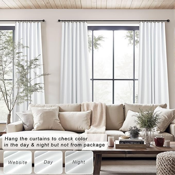 White Blackout Curtains 84 Inch Long 2 Panels Cotton Linen Thick Total Black Out Curtain for Bedroom Window 7ft Living Room Darkening Thermal Insulated Drapes Modern Farmhouse Shabby Chic 52x84 Length