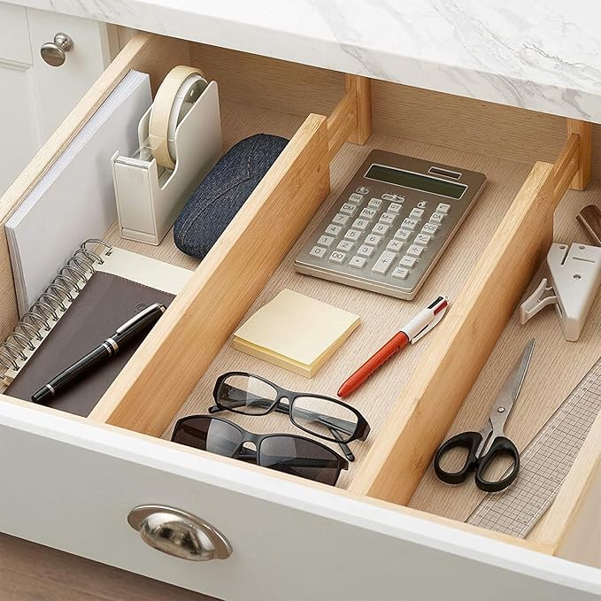 Fabsome Drawer Divider 6 Pack, Bamboo Kitchen Dividers Organizers Adjustable 17''-22'', Wooden Dresser Separators for Nursery Organization Clothes Socks Underwear Baby Clothing, with Soft Foam Ends