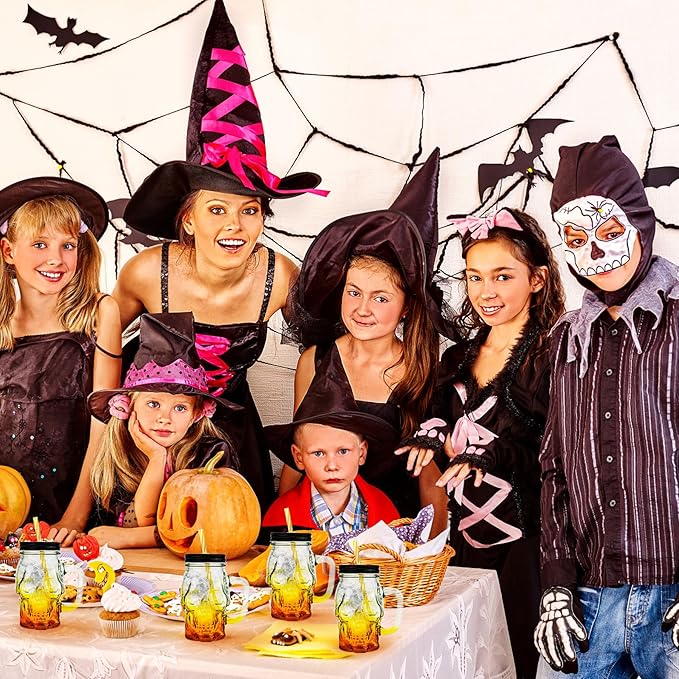 Halloween Cups Set of 4 - Yellow Skull Glass Drinking Jar with Lids and Straws - Halloween Decor, Drinking Glasses 16 oz