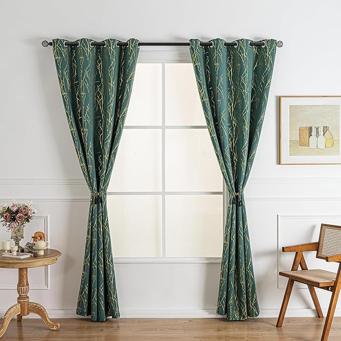Grommets Blackout Long Window Curtains Green Gold-52W*108L 2PCS Drapes for Bedroom
