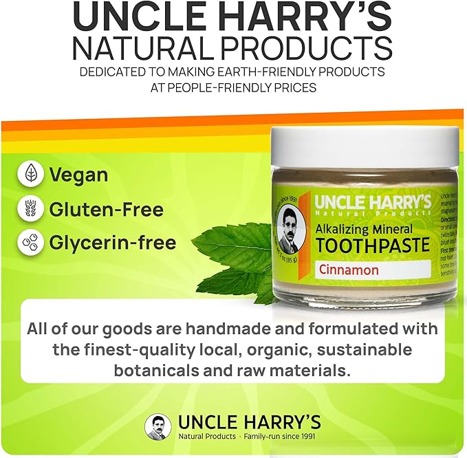 Uncle Harry's Pack of 2 Cinnamon Remineralizing Toothpaste | Natural Whitening Tooth Paste Freshens Breath & Promotes Enamel | Vegan Fluoride Free Toothpaste (2 Pack of 3oz Jars)