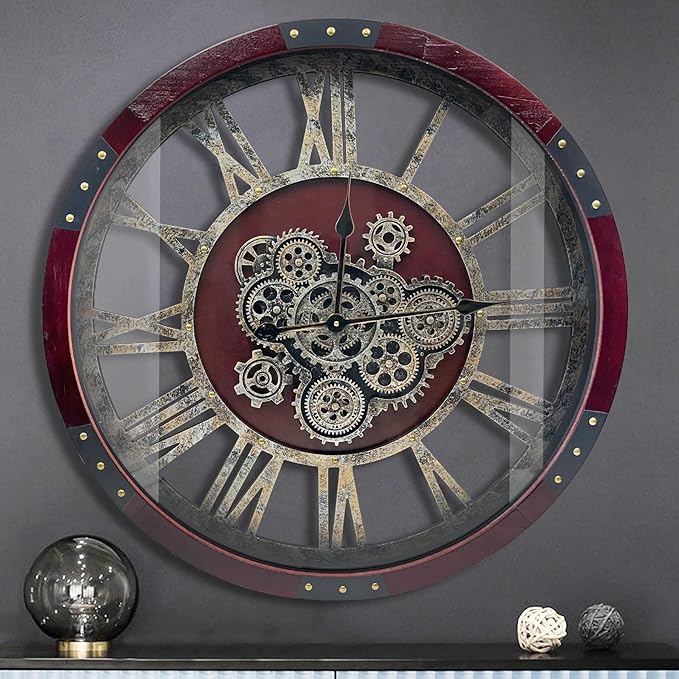 DORBOKER 24" Original Moving Gears Wall Clock, Large Industrial Wall Clock for Living Room Decor, Oversized Wood Vintage Farmhouse Steampunk Rustic Clocks for Wall Christmas Decor,Cherry Red