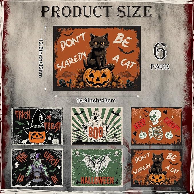 Halloween Placemats Set of 6 Vintage Plastic Table Mats Black Cat Place Mats Washable Ghost Witch Bat Rectangle Skull Table Decoration for Indoor Outdoor Party Kitchen Dining