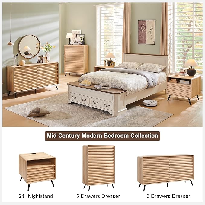 RedLemon 24" Nightstand Set of 2 with Charger Station, Mid Century Modern Fluted End Table with 2 Drawers, Wooden Side Table with Open Cubby Storage for Living Room, Bedroom, Office(Natural Oak)