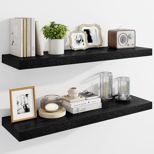 Marsmiles 36" Floating Shelves for Wall, Wooden Shelves with Invisible Brackets Set of 2, Rustic Farmhouse Wall Mounted Shelf for Kitchen Bathroom Living Room Study, Black