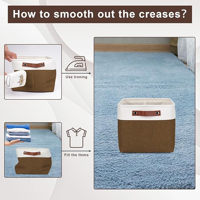 Storage Bins Large Fabric Storage Baskets for Shelves 3 Pack, Decorative Linen Closet Baskets with Handles for Organizing, Shelf, Clothes, Home, Office, 15x11x9.5Inches (Brown&White)