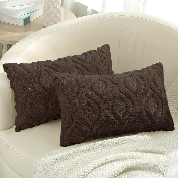 decorUhome Throw Pillow Covers 12x20 Inch Set of 2, Soft Plush Decorative Faux Fur Dark Brown Solid Couch Pillow Covers, Accent Farmhouse Neutral Lumbar Euro Pillow Cases for Sofa Bed Living Room