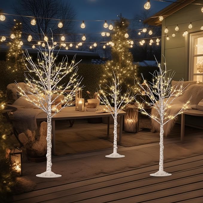 Outdoor Christmas Decorations Lighted Birch Tree Set of 3, LED Warm White 4, 6 and 8 Feet, for Indoor Christmas Decor, Party, Garden, Yard, Wedding, Holiday