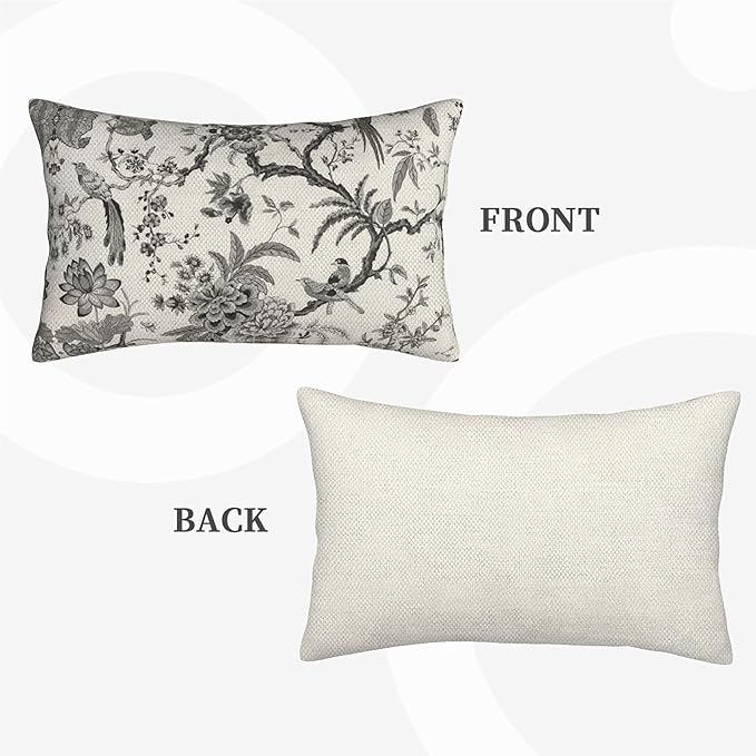 CXMEIFLY Spring Floral Birds Pillow Covers 12 x 20 Inch Set of 2 for Chinoiserie Flowers Decor Throw Pillows Black and White Plant Outdoor Decorative Cushion Cases for Couch Bed Decorations