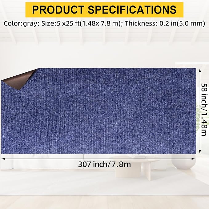 Marine Carpet,5 FT x 25 FT Deep Blue Indoor Outdoor Carpet 0.2" Thick Boat Carpet with Water-Proof TPE Backing, Non-Slide Outdoor Marine Carpet Roll for Home, Patio, Porch, Deck