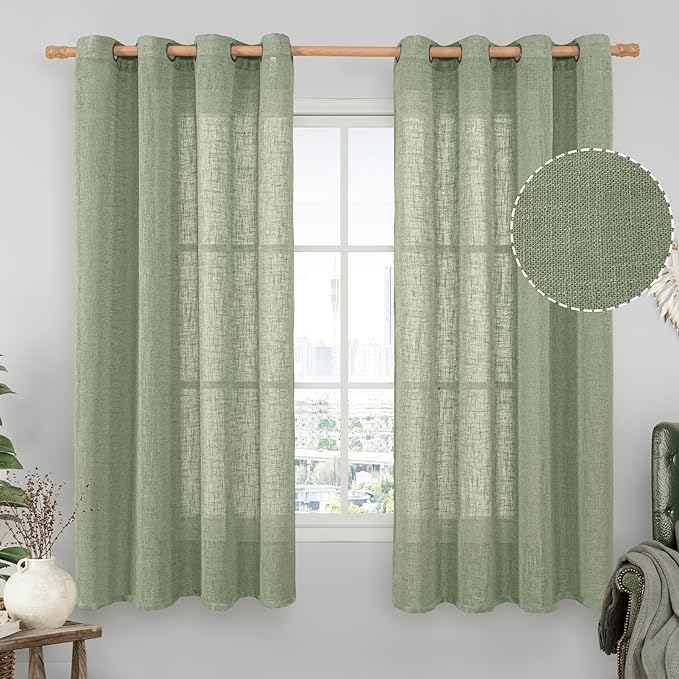 LAMIT Sheer Linen Curtains 63 inches Long for Bedroom, Bronze Grommet Linen Drapes Light Filtering Semi Sheer Curtains for Small Window/Farmhouse, 2 Panels (52 x 63 Inch, Sage Green)
