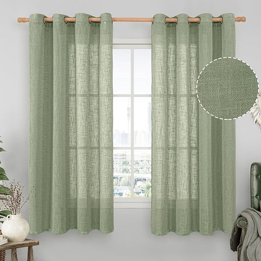 LAMIT Sheer Linen Curtains 63 inches Long for Bedroom, Bronze Grommet Linen Drapes Light Filtering Semi Sheer Curtains for Small Window/Farmhouse, 2 Panels (52 x 63 Inch, Sage Green)