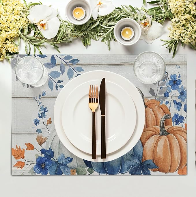 Autumn Placemats Blue Pumpkin Fall Place Mat Eucalyptus Leaves Floral Wood Grain Table Mats Thanksgiving Harvest Linen Placemat Party Kitchen Dining Decoration 12x18 Inch Set of 4
