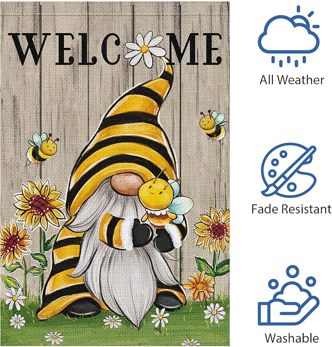Welcome Summer Gnome Garden Flag Spring Summer Bee Sunflower Yard Flag 12x18 Double Sided Burlap Daisy House Flag for Rustic Seasonal Outside Outdoor House Decoration (ONLY FLAG)