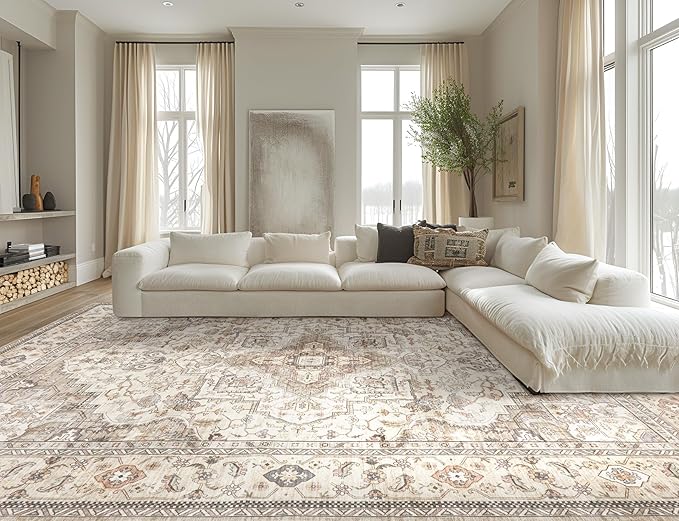 Washable Area Rugs for Living Room - 9x12 Neutral Vintage Distressed Floral Farmhouse Boho Large Soft Floor Rug Indoor Non Slip Carpet for Bedroom Dining Room Office - Brown/Multi