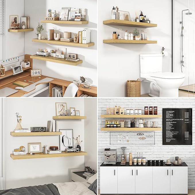 RICHFOCUS 40Inch Floating Shelves for Wall 2 Pack Shelves for Bedroom|Kitchen|Bathroom Wall Mounted Rustic Wood Floating Shelf with Invisible Brackets for Books|Storage|Decor, Oak