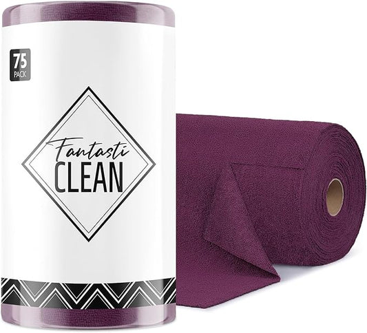 Fantasticlean Microfiber Cleaning Cloth Roll -75 Pack, Tear Away Microfiber Towels, 12" x 12", Reusable, Washable, Scratch Free, Ultra Absorbent Dish Rags for Car, Home, Garage or Shop (Dark Purple)