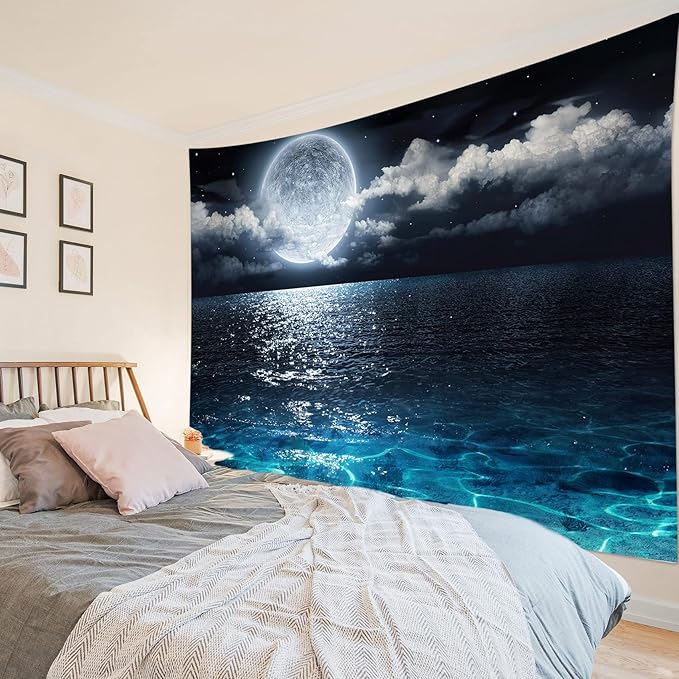 LB Moon Ocean Tapestry - Watercolor Blue Ocean and White Cloud Extra Large Wall Tapestry for Bedroom Starry Night Sky Wall Art for Bedroom Living Room Dorm Decor - 92.5Wx70.9H inches