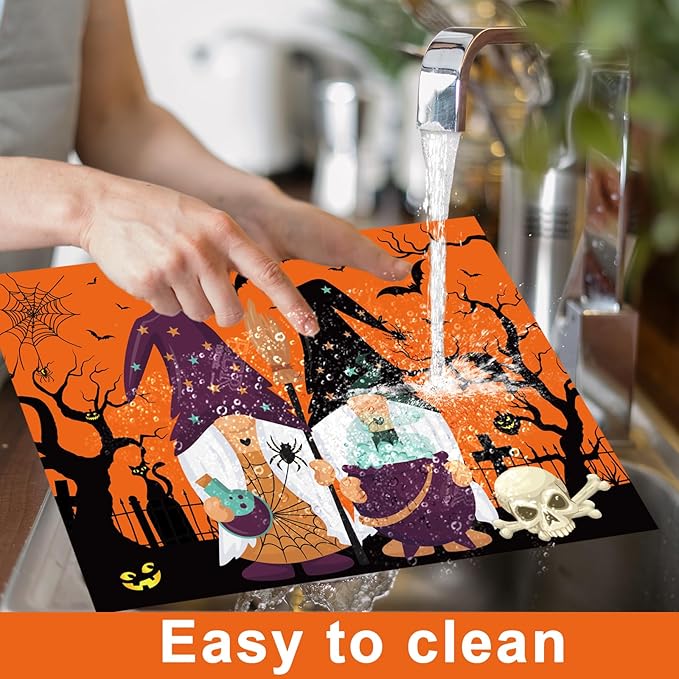 Plastic Placemats Set of 6 Halloween Table Mats - Trick or Treat Kitchen Decor - Wipe Clean, Washable, Recyclable - Orange Place Mats for Indoor/Outdoor - Heat Resistant - Kitchen/Dining Table