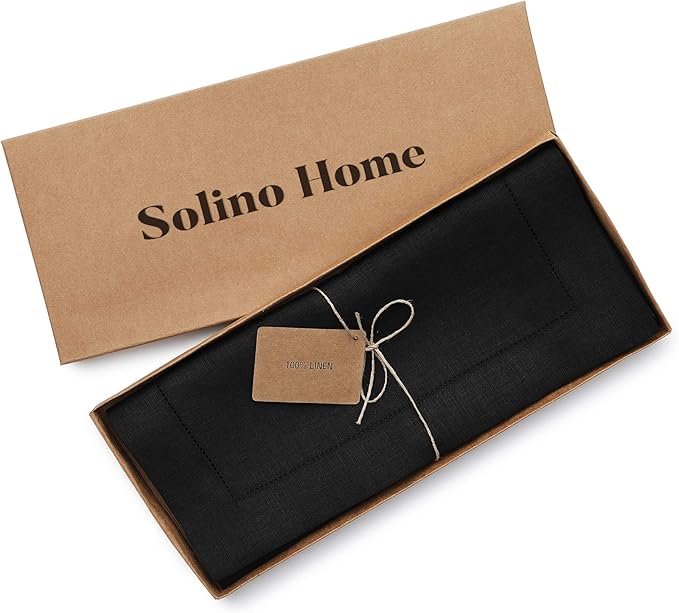 Solino Home Linen Black Table Runner 120 Inches Long - 100% Pure Linen 14 x 120 Inch Table Runner for Fall, Autumn, Halloween, Thanksgiving - Classic Hemstitch