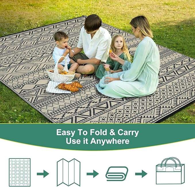 GAOMON Outdoor Rugs Patio Camping Waterproof Rug 6'x9' Plastic Straw Patio Rug Portable for Campers, Outside RVs Mat for Patios Clearance, Backyard Porch, Balcony, Black/Coffee(Bohemia)