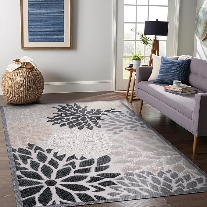 Beverly Rug Outdoor Rug 9x12 Large Modern Floral Tropical Area Rugs for Indoor and Outdoor Patio Easy to Clean Non Shedding Living Room Porch Garden Washable Outside Carpet (9 x 12 Beige)