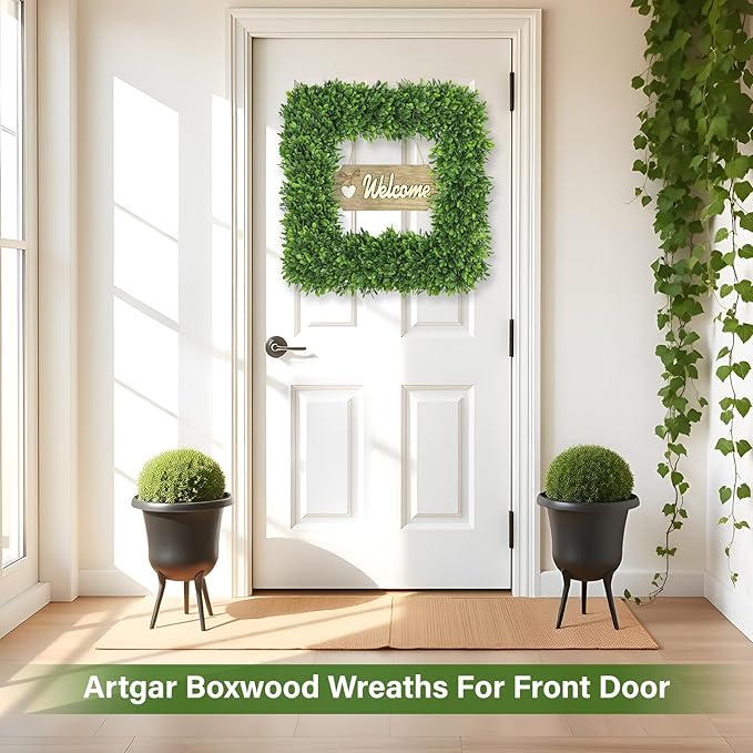 Artgar 22Inch Boxwood Wreath, Spring Wreaths for Front Door, Realistic Green Square Boxwood Wreath for Year-Round Decor, Artificial Summer Wreaths for Wedding Farmhouse Indoor/Outdoor Porch Decor